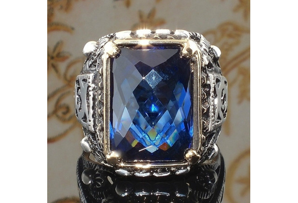Sapphire Stone Ring,Handmade 925K Sterling Silver Mens Ring With CZ Sapphire Stone,Silver Man Ring,Sapphire Stone Men Ring