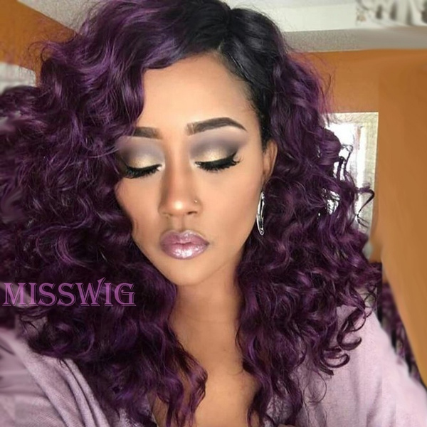 Ombre Purple Hair None synthetic wig Curly Loose Wavy Short