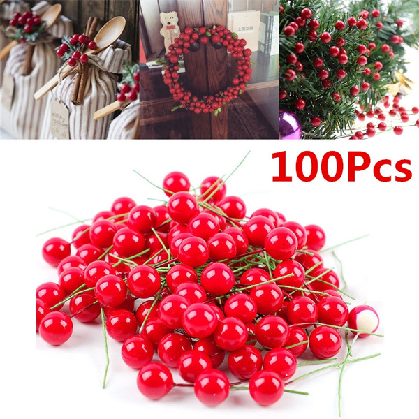 100Pcs Artificial Red Holly Berry Christmas Decors On Wire Bundle Garland Wreath 