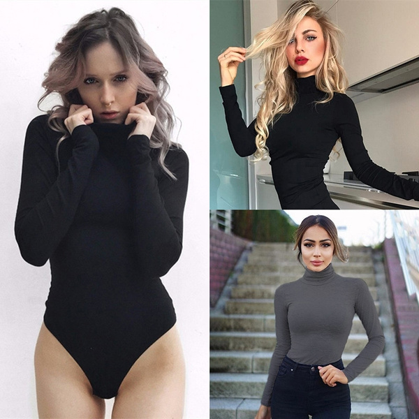 Sexy Women Long Sleeve Bodysuit Fashion Ladies Stretch Leotard Body Tops  Casual Tshirt Jumpsuit