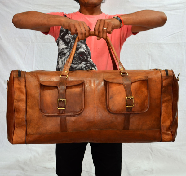 Men's Brown Vintage Genuine Goat Leather Travel Luggage Duffle Gym Bags Tote New