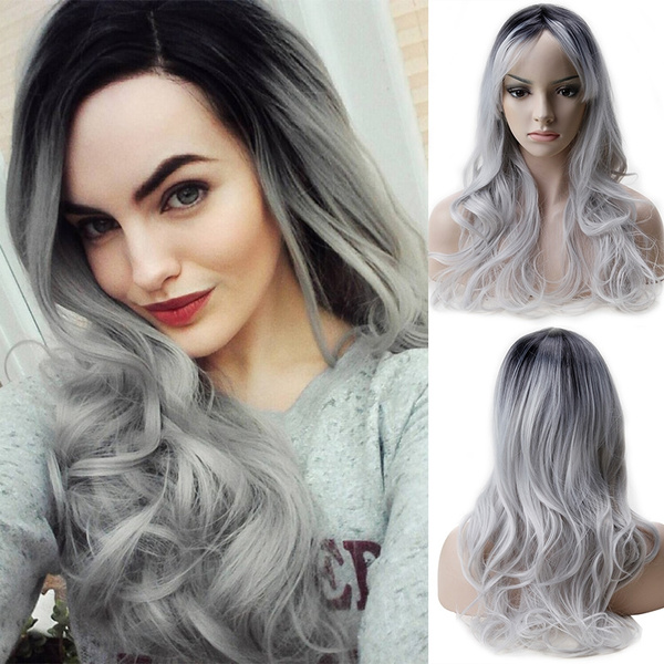 Fashion Gradient Grey Colour Long Curly Wavy Women s Mixed Color