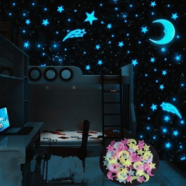100PCS 3D Colorful Luminous Stars Stickers Glow In The Dark Fluorescent  Decal