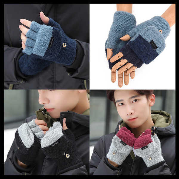 Winter Warm Thickening Wool Gloves Knitted Flip Fingerless Exposed