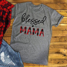 2018 New Arrival Hot Sale Thanksgiving Day Gifts Women Letter Print Grey Plus Size Blessed Mama Round Neck Short Sleeve Tops T-Shirt Mama Gift Casual T-Shirt