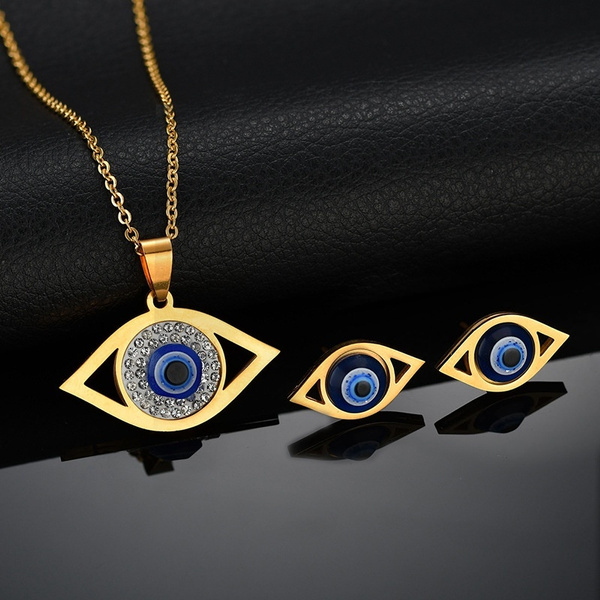 2 Colors Vintage Party Lady Gold Silver Blue Eyes Turkish Evil Eye Clavicle Earrings Pendant Necklace