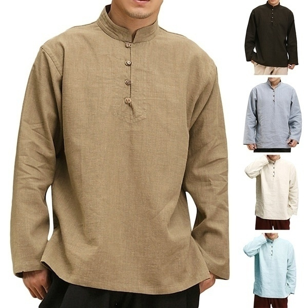 Men Vintage Shirt Solid Long Sleeve 100% Linen Shirts Chinese