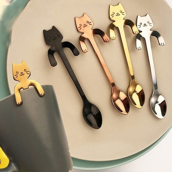 Stainless Steel Coffee Tea Spoon Cat Drinking Flatware Silverware Kitchen Gadget 
