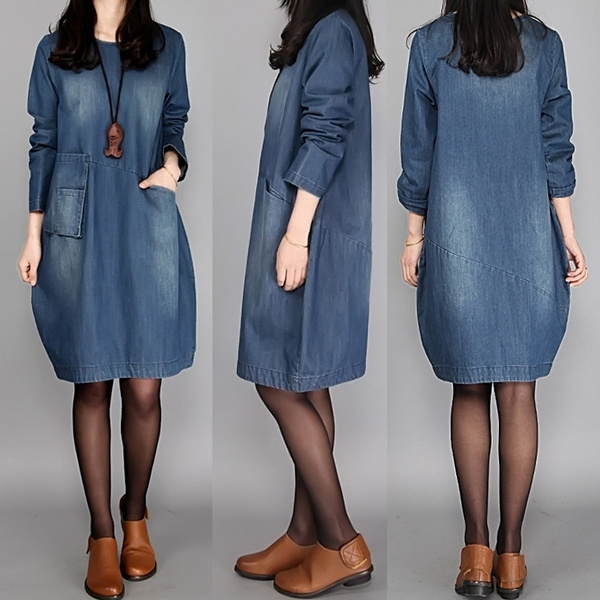Women Fashion Plus Size Long Sleeve Autumn Casual Loose Denim Dress | Wish