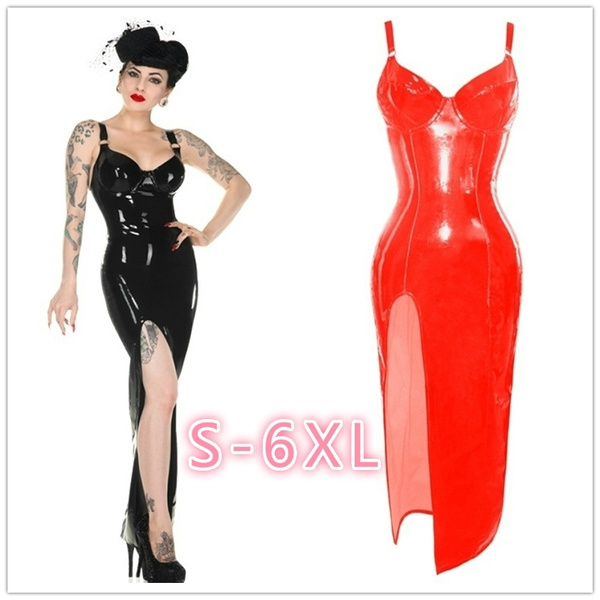 Women Sexy Catwoman Wetlook Maxi Dress Nightclub Wear Fashion Black Red  Bodycon PVC Long Dresses Catsuit Costume S-6XL