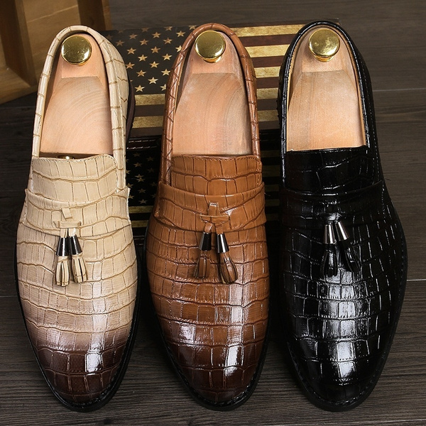 Mens Crocodile Print Leather Loafers Leather Tassel Oxford Dress