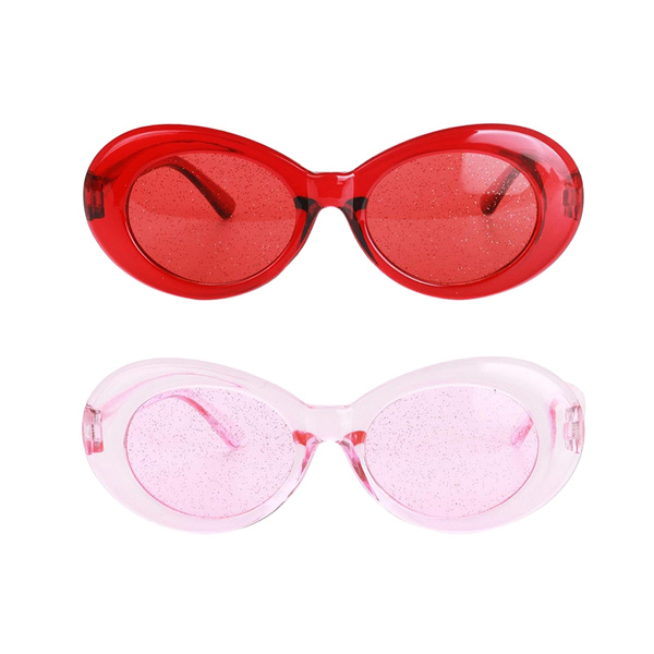 Pack of 2 Retro Transparent Red Pink Oval Sunglasses Clout Goggles Glasses 