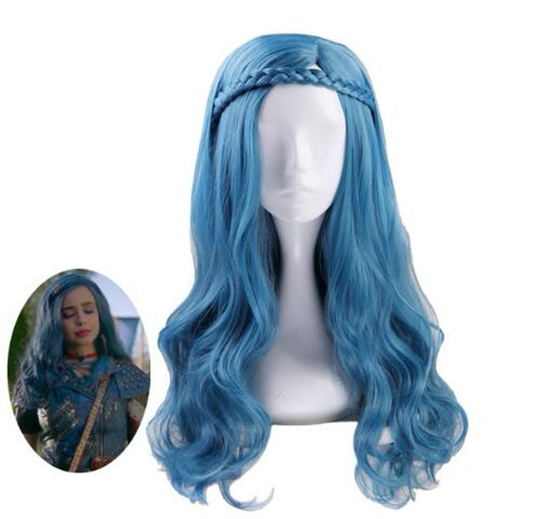 Descendants 2 Evie Blue Green Mix Long Wavy Wig Cosplay Costume Women Synthetic Hair Party Role Play Wigs Wig Cap