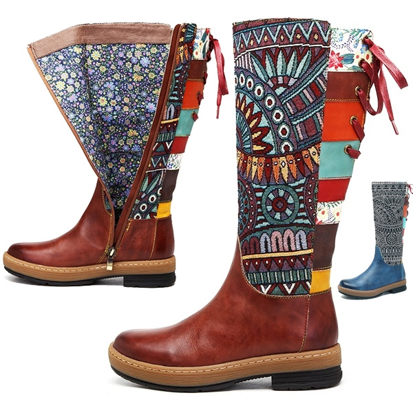 Warm Fur-lined Bohemian Patchwork Mid-calf Boots Women Shoes Vintage ...