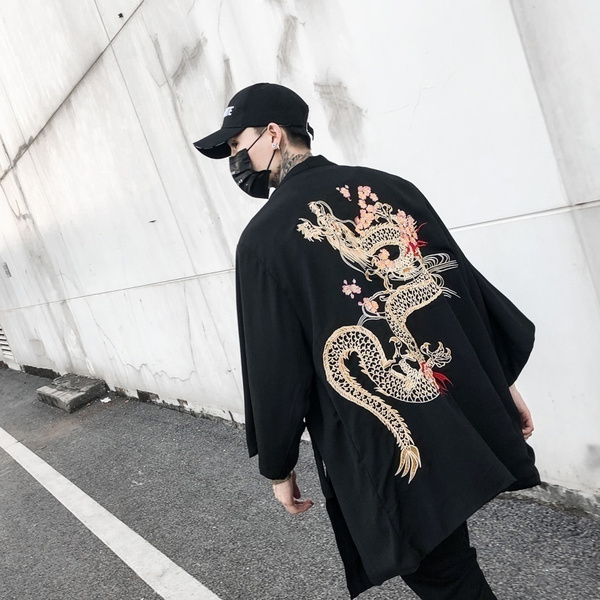 Embroidery Dragon Men Japanese Coat Kimono Top Outwear Cotton Vintage Loose