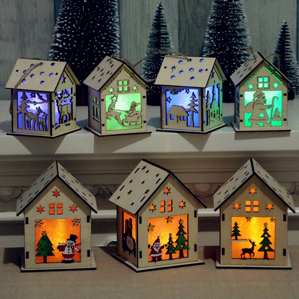 Cute Led Light Wooden Mini House Xmas Tree Hanging Ornament Christmas Decoration 