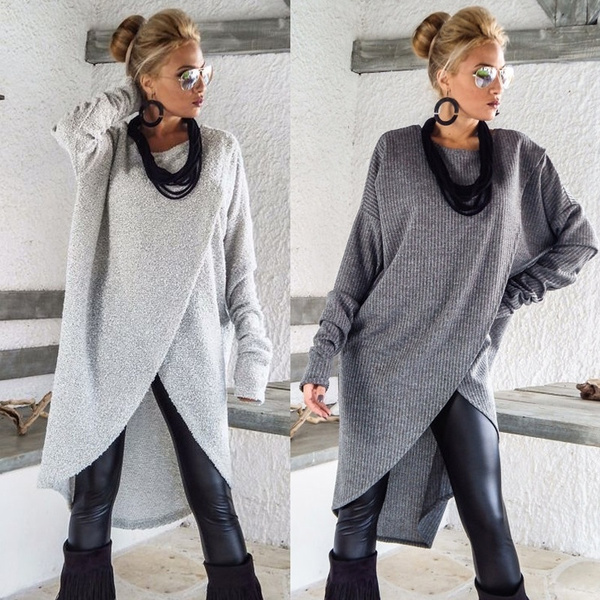 Ladies Plus Size S-5XL Long Sleeve Pullover Front Slit Knitted Blouse ...