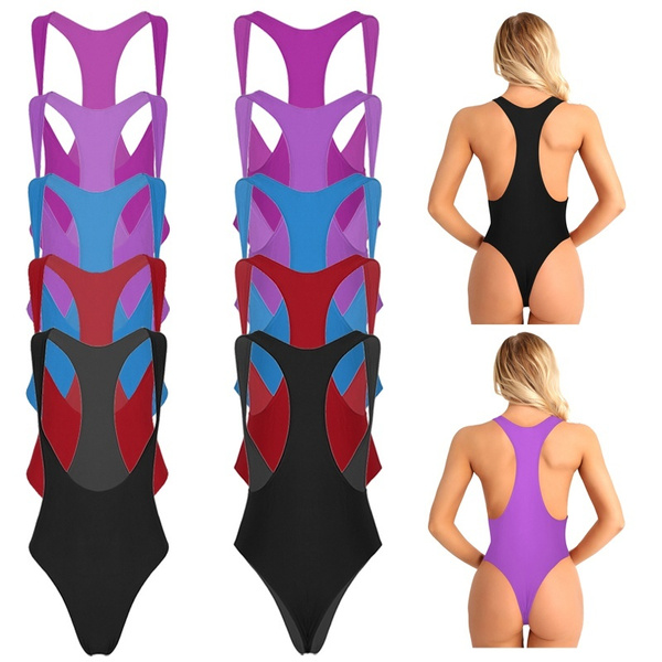 Cheap Womens Sleeveless High Cut Thong Leotard Bodysuit Underwear Swimsuit  Bathing Suit