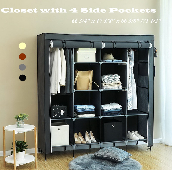 Clothes Closet Portable Wardrobe Clothes Storage Rack 12 Shelves 4 Side Pockets 