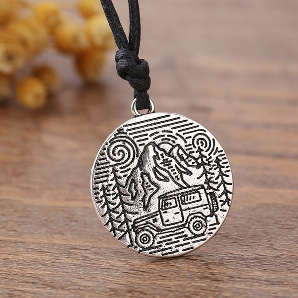 Outdoor Adventure Camping Off-road Jeep Mountain Tree Pendant Landscape Necklace 