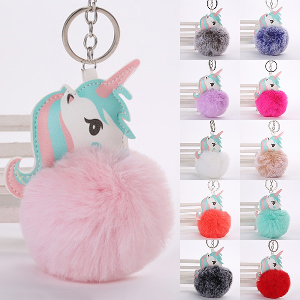 Furry Pompom Unicorn Key Chain Soft Pink Faux Fur Ball Key Ring +
