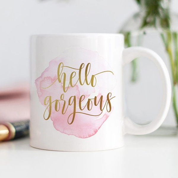 Hello Lovely Coffee Mug for Women - Cute Rose Pink and Gold Cups