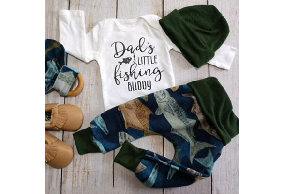 Daddy´s Little Fishing Buddy 3Pcs Newborn Toddler Baby Boy  Bodysuit+Leggings Pants+Hat Outfits Clothes