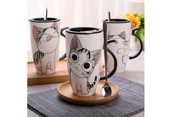 Comprar Envío Directo, Taza de cerámica de gato creativa de 600ml con tapa  y cuchara, taza para té y café con leche de dibujos animados, tazas de  porcelana, bonitos regalos