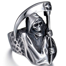 Vintage Gothic Punk Grim Reaper Skull Ring Stainless Steel Reaper's Scythe Ring Jewelry for Men 