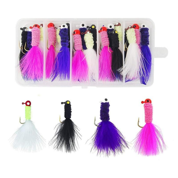 20Pcs 1/32-1/16oz Crappie Jig Fishing Lures Set Fishing Crappie Jigs Head  Lure Marabou Bass Pike Walleye Fly Jigs with Feather