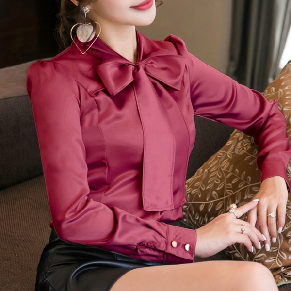 V Neck Bow Tie Satin Shirts Women 