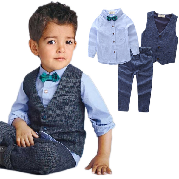 4pcs Kids Baby Boys Waistcoat+Tie+Shirt+Pants Outfits Clothes Gentleman  Suit Set 