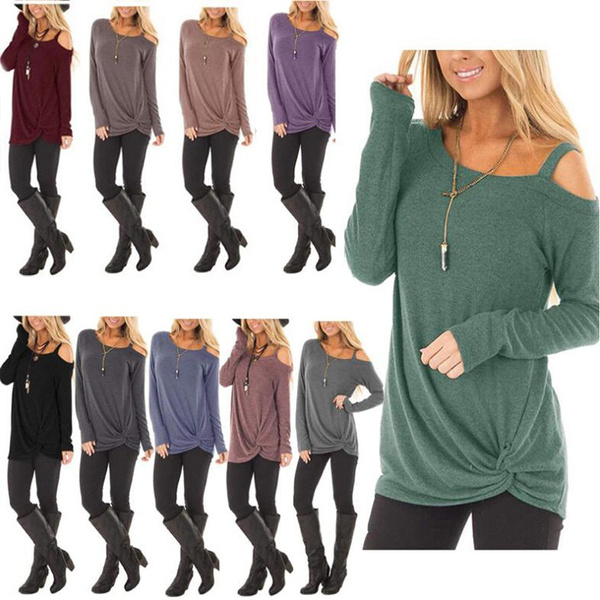 Womens Autumn Fashion Casual Loose Long Sleeved T-shirts Cold Shoulder ...