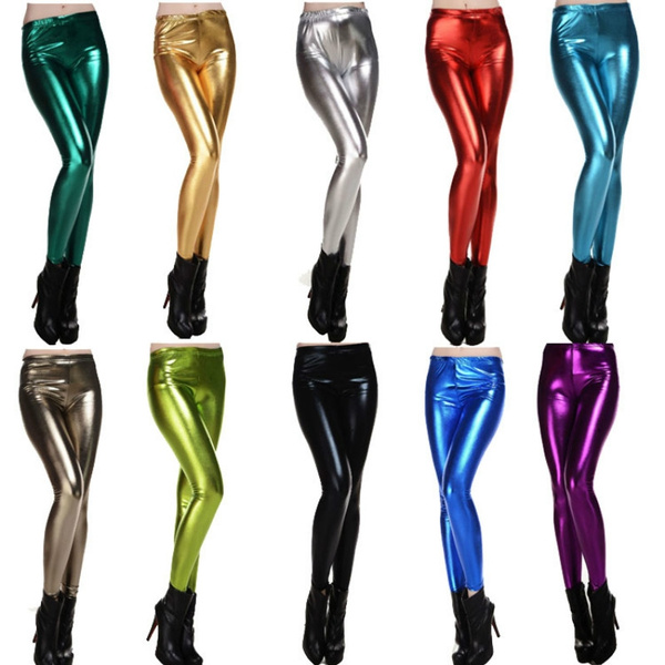 Women Wet Look Leggings Metallic Shiny Stretch Trousers Pants
