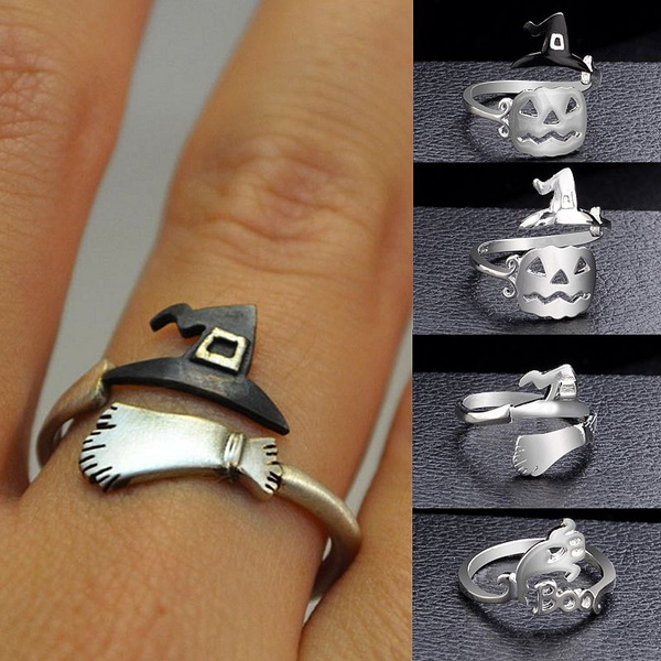 Halloween Ghost Witch Broom Finger Ring Open Rings Party Cosplay Silver Jewelry 