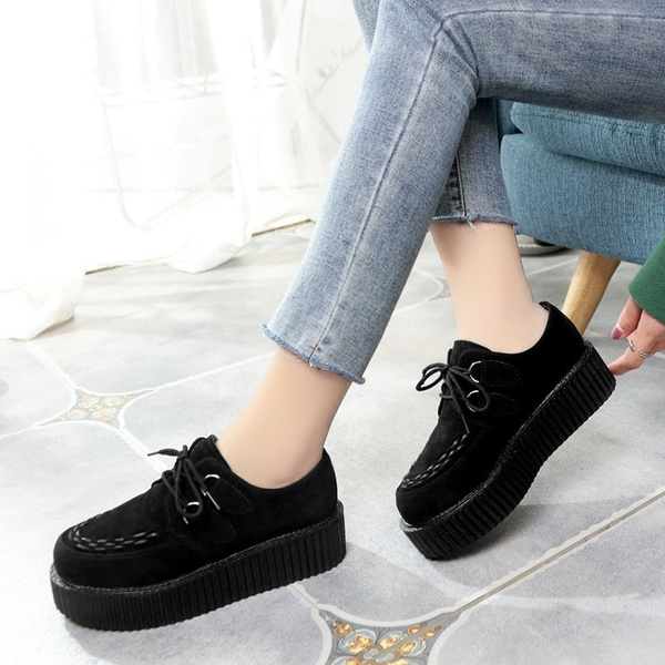 Creepers Shoes Platform Women Shoes Fashion Lace Up Creepers Platform Shoes  Suede Black Ladies Shoes Plus Size 41 Women's Flats - AliExpress