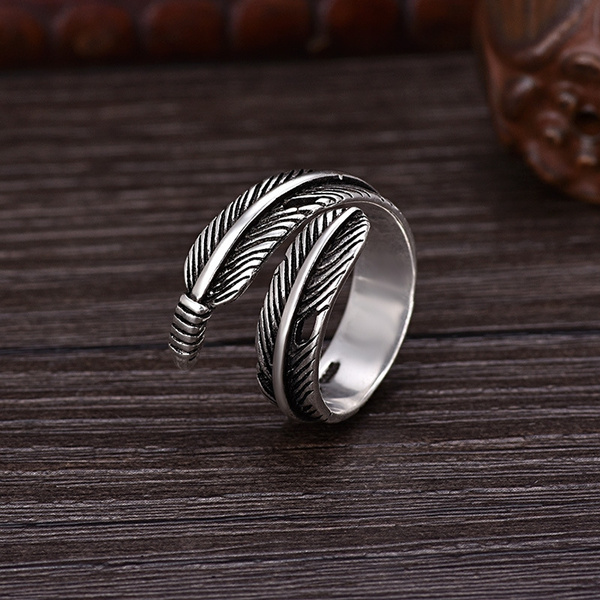 Antique Jewelry 925 Solid Sterling Silver Leaf Ring Antique Silver Feather Men Ring Adjustable Wish