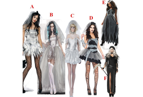 Halloween Dead Corpse Bride Costume Women Long Dress Scary Zombie Ghost  Bridal Cosplay