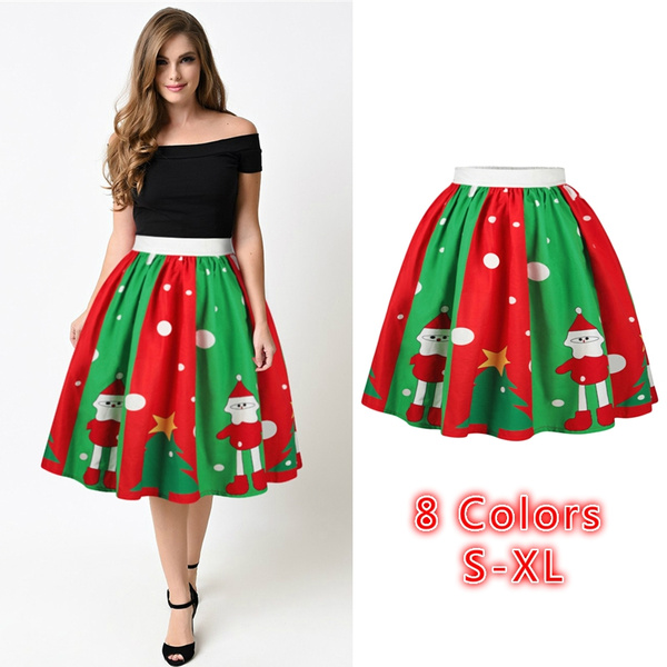 NREALY Skirt Womens Casual Christmas Point Flare Elastic High Waist Cosplay Ball Gown Xmas Skirt