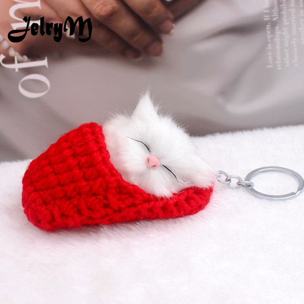 Cute Sleeping Cat Pompom Keychains For Women Girls Handmade Woven Shoes  Faux Rabbit Fur cat Key Chains Fluffy Car Key Rings