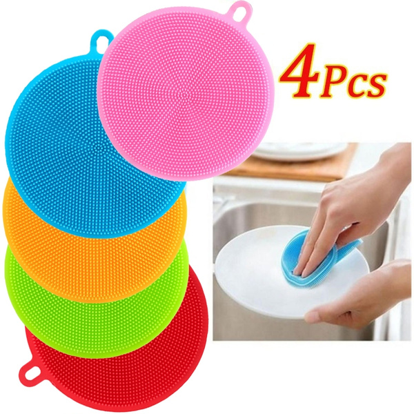 4pcs Kitchen Silicone Scrubber Sponge Brush Dish Pot Pan Washing Cleaning Tools 