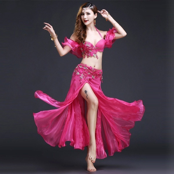 Women Belly Dance Costume Bra Belt 3 Pieces Set Handmade Beaded Performance  Show Suit Red Royal Blue Rose