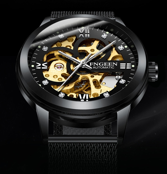 FNGEEN Men Luminous Mechanical Watch Skeleton Automatic Watches Stainless Steel Mesh Strap Men s Watch