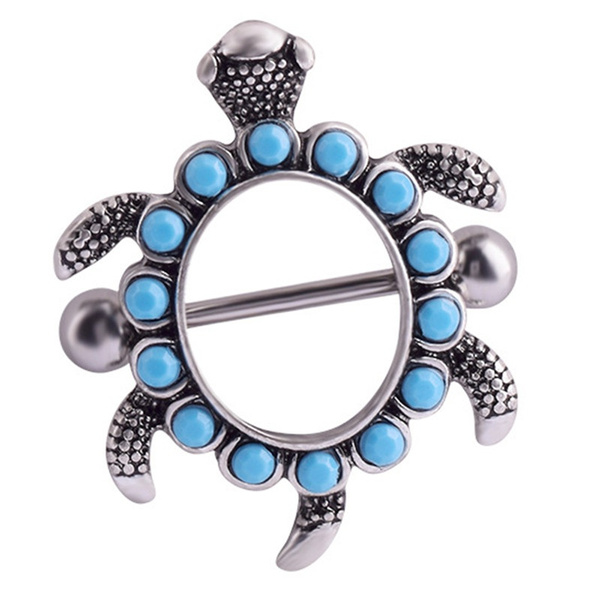 Stainless Steel Turquoise Beads Turtle Nipple Bar Ring Body Piercing Jewelry BP