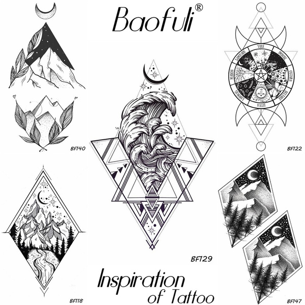 Baofuli Men Geometry Planets Great Waves Temporary Tattoo Stickers Crescent Triangle Waterproof Tatoos Fake Diy Body Art Tattoo Wish