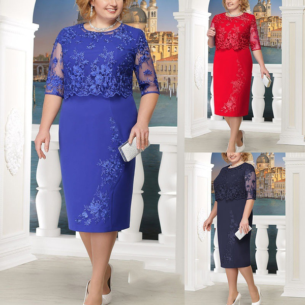 Women Fashion Lace Dress Elegant Dress Mother of Bride Dress Knee Length Plus Size Dress