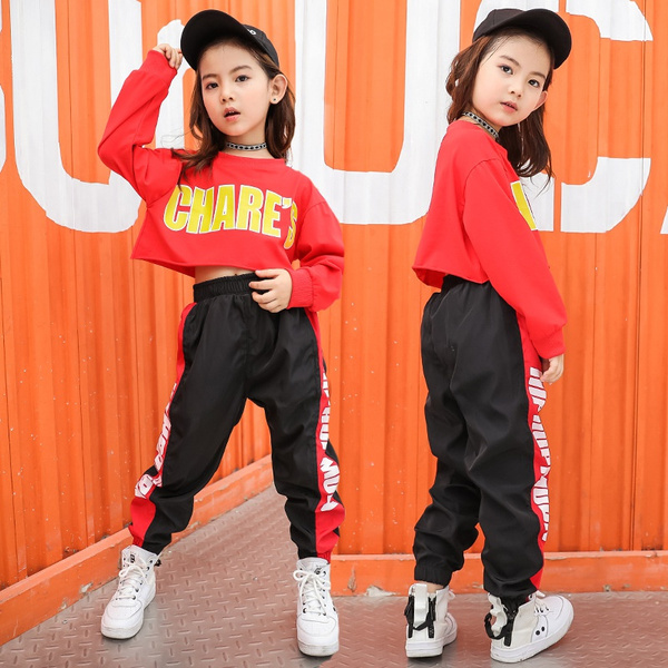 Little Girls Jazz Rap Bare-midriff Two-Piece Suits Kids Hip Hop Sweatshirts  + Sweat Pants Outfits 4-15 Years