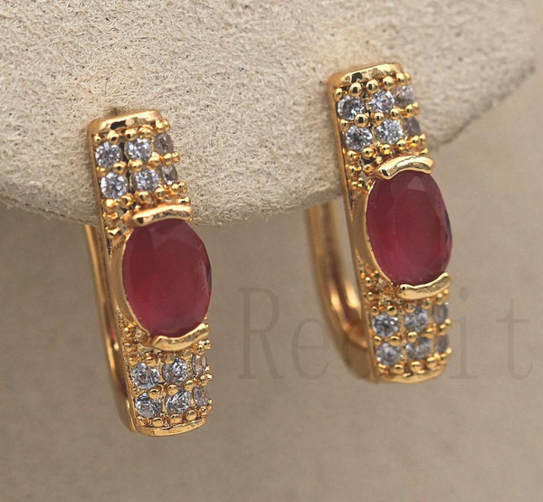 18K Gold Filled 1.5" Teardrop Ruby Zircon Circle Hollow Gemstone Lady Earrings 