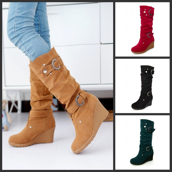Women Wedge Boots Mid Calf Double Strap 