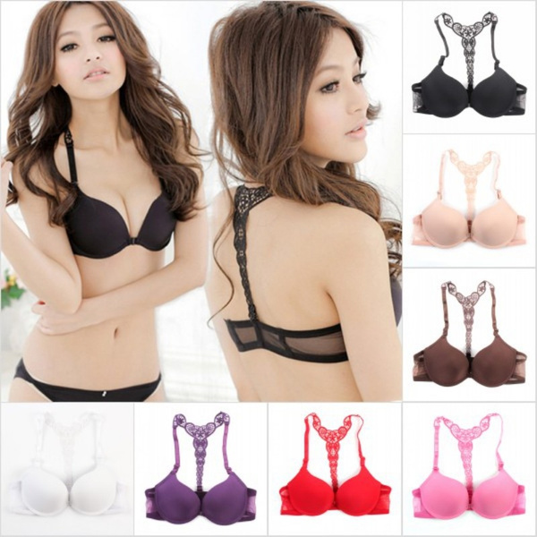 Womens Sexy Front Closure Lace Racer Back Push Up Seamless Bras Racer back  Bra Thin Padded Fine Shoulder Strap Solid Intimates - AliExpress